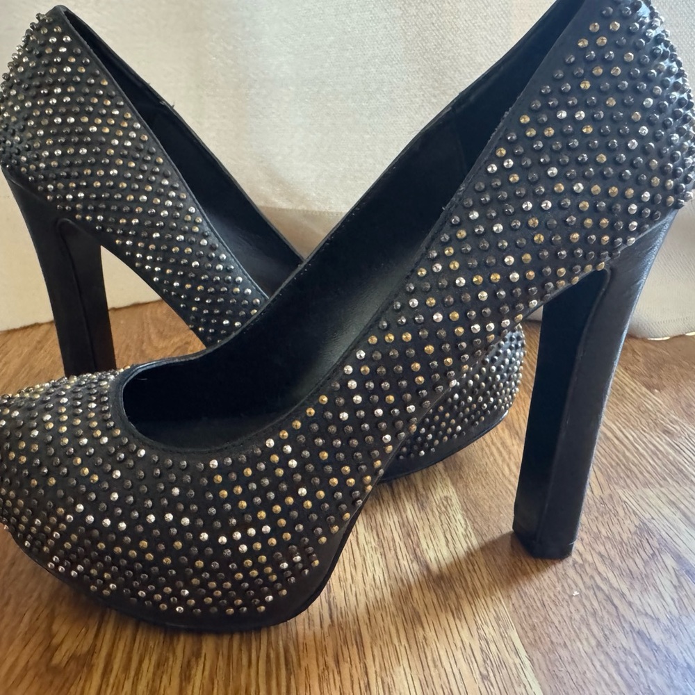 Black and Silver Platform Heels with Rhinestone Embellishments